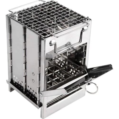 Wood Burning Camp Stove Folding Stainless Steel Grill Firewood Stove for Outdoor Survival Camping Cooking Picnic BBQ