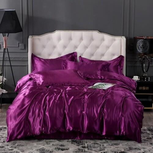 Purple Luxury Satin Silky Bedding Set Flat Sheet Double Duvet Cover Set Family Size Euro Decor Luster Home Bed Linen Set
