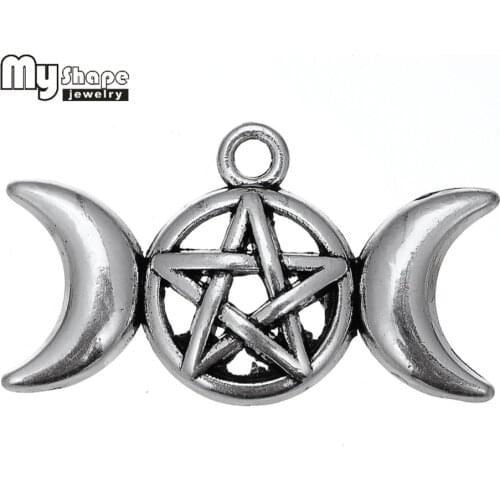 My Shape Triple Moon Goddess Pendant Charms Fit Necklace Bracelet Pentagram Pentacle Protection Antique Star 20pcs a Lot