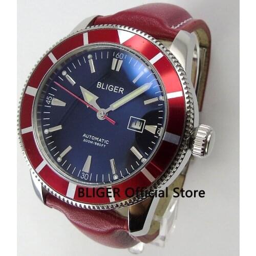 Classic 46mm BLIGER Black Dial Luminous Pointer Red Turning Bezel Miyota Automatic Movement Mens Watch B91