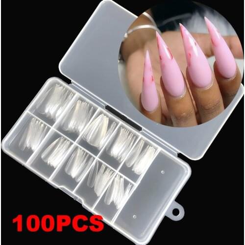 100Pcs/box Extra Long False Nails Stiletto Tips Clear Sharp End Stilettos Fake Nails UV Gel Manicure Easy DIY Artificial Nails