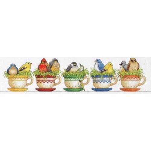Customized Embroidery Colourful Cups And Saucers Cross Stitch Kits Birds with 100% Cotton Floss & Free Shipping for Wall Decor