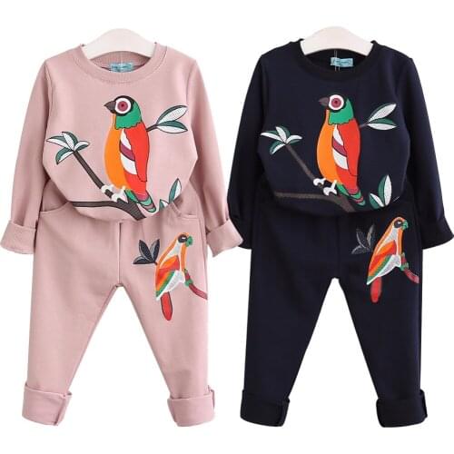 2018 New Spring Autumn Baby Girls Clothing Sets Children Bird Casual Printing Long Pants Sweater Suits For Kids Cartoon Costumes