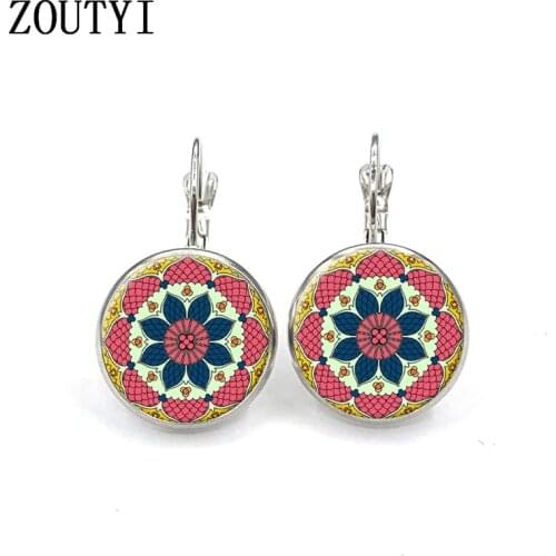 New/glamour mandala floral pattern photo earrings, convex glass inlay earrings, feminine decor