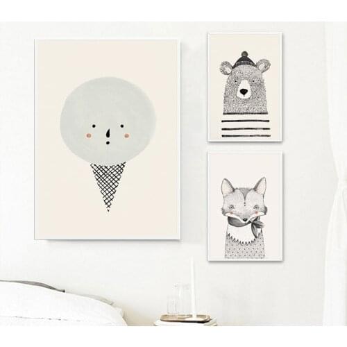 Nordic Art Bear Fox Canvas Painting Cartoon Animal Wall Picture Print Children Baby Room Decoration