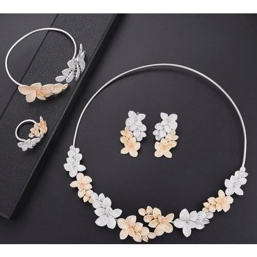 Blachette Flower Cubic Zirconia Bridal Wedding Jewelry African Dubai Jewelry Set Necklace Earrings Bangle Ring For Women Party