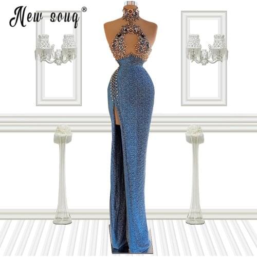African 3D Flowers Formal Evening Dresses Fashion Blue Backless Beaded Mermaid Prom Gown with Split Side Crystal Party Robes