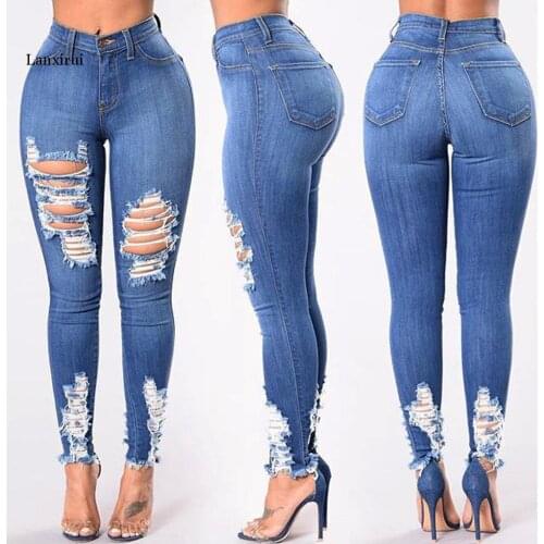 Women Denim Skinny Trousers High Waist Jeans Destroyed Knee Holes Pencil Pants Trousers Stretch Ripped Boyfriend Female