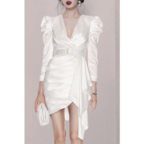 Elegant Women Sexy V-Neck Puff Sleeve Irregular Dress 2021 Spring Office OL High Waist Bodycon Party Dress Vestidos Femme