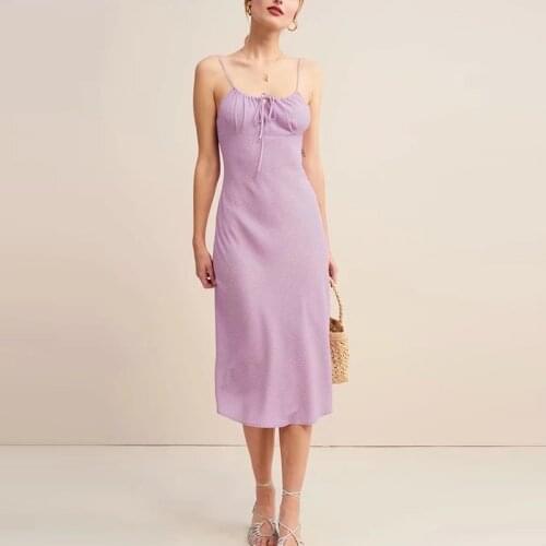 JuneLove Women Summer Sexy Backless Beach Dress Vintage Print Dot Female Spaghetti Purple Strap Dress Casual Lady Midi Dress