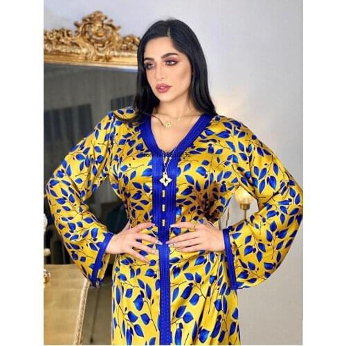 Arabic Abaya Jalabiya Maxi Dress for Women Ethnic Braid Trim Moroccan Kaftan Islamic Duai Turkey Muslim Loose Robe Yellow