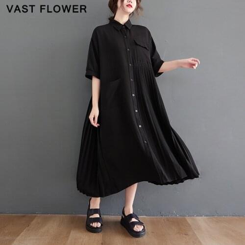 Pleated Black Vintage Plus Size Summer Dress For Women Pocket Lapel Short Sleeve Casual Loose Shirt Dresses Fashion Clothes 2021