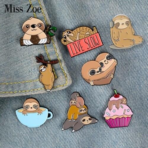 Live Slow Spirit Animal Enamel Pin Sloth Mug Cake Branch Hug Brooches Bag Clothes Lapel Pin Sloth Badge for kids Jewelry Gift