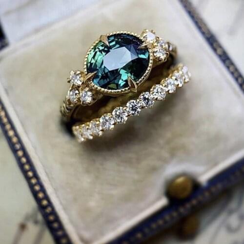 2 pcs/set blue Crystal Cubic Zirconia wedding Rings Set For Women Party gift Engagement ring Jewelry Accessories Size 6-10