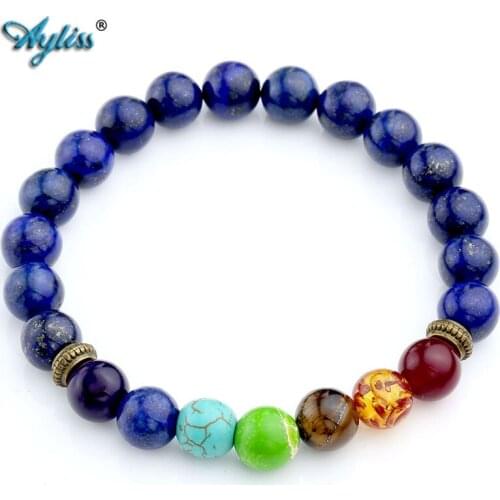 Ayliss Bulk Price 7 Chakra Gem Stone Bracelet Dyed Lapis Lazuli Stone Reiki Healing Balancing Round Beads Bracelet Jewelry