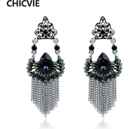 CHICVIE Trending Now Statement Drop Earrings for Women Silver Color Tassel Rhinestone Metal Brand Jewelry Gifts SER160108
