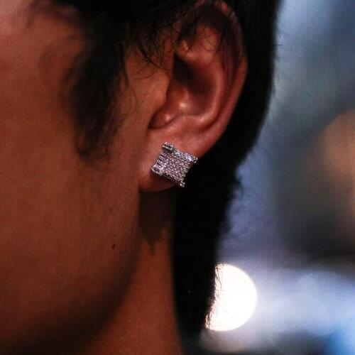 D&Z 1Pair Micro Full Paved Rhinestone Earring Zircon CZ Square Bling Iced Out Stud Earrings Gold Copper Earrings For Men Jewelry