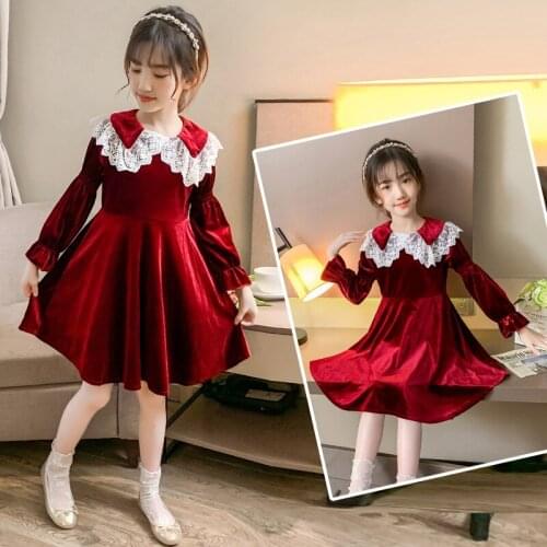 Long sleeve Children Dress 2021 Summer Golden Velvet Dresses For Girls Wedding Dress Elegant Princess Dress Vestidos 4-12 Age