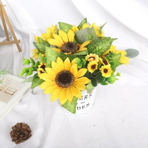 Fake Flowers Artificial Simulation Silk Sunflower Bonsai With Iron Pot For Wedding Decoration Home Garden Party Supplies