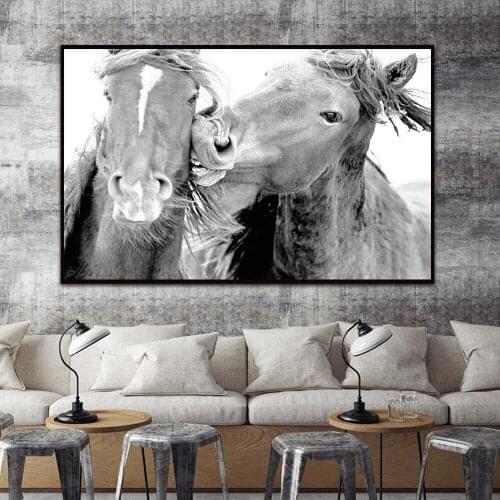 Two Horse Gray Canvas Art Animals Wall Art Poster Pictures For Living Room Animal Home Decor Cuadros Wall Canvas Home Decoration