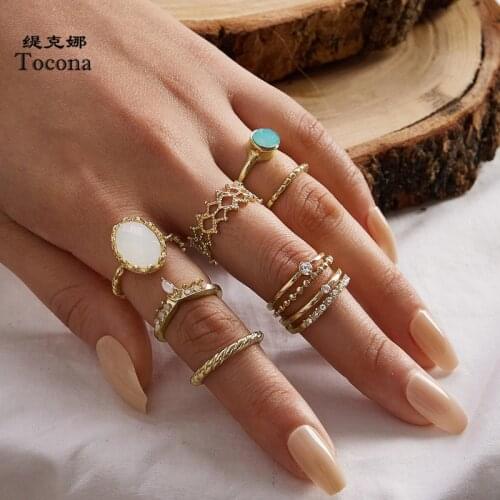 Tocona 7pcs/sets Colorful Opal Stone Rings Sets for Women Hollow Geometric Alloy Metal Crown Joint Ring Boho Jewelry 9875