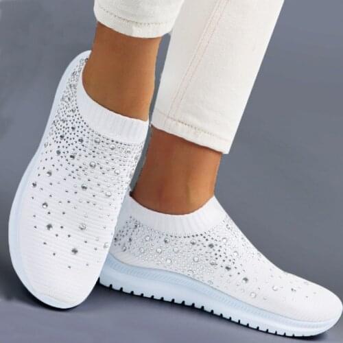 White Snekaers Women Crystal Fashion Flats Shoes Bling Casual Slip On Sock Sneakers Ladies Trainers Summer Women Vulcanize Shoes