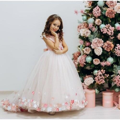 Cute Flower Girl Dresses for Wedding 3D Floral Appliques Girls Birthday Party Dress Prom Wear First Communion Gowns
