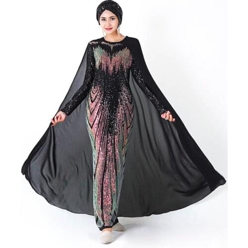 Muslim Abaya Evening Dress with Cloaks Hijab arabic Dresses Sequins Kaftan Dubai Qatar Turkish Clothes Ramadan Marocain Kurta