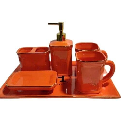 Bathroom Accessories Set Ceramic Liquid Soap Dispenser Toothbrush Rack Gargle Cup Luxury Wedding Gift Birthday Present Orange