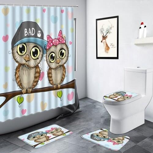 Cartoon Animals Owl Kids Shower Curtains Set Cat Dog Unicorn Alpaca Children Bathroom Decor Non-slip Carpet Toilet Rug Bath Mats