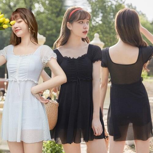 2021 New Sexy One Piece Swimsuit Women Solid Swimwear Short Sleeve Monokini Push Up Skirt Pleated Korea Bathing Suit Swimskirt