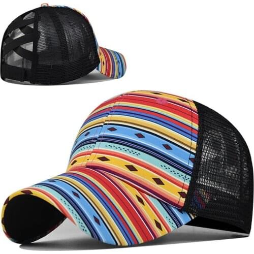 Ponytail Baseball Cap Women Printed Colorful Rhombus Trucker Caps Casual Summer Snapback Hat Glitter Brim Satin Dad hat