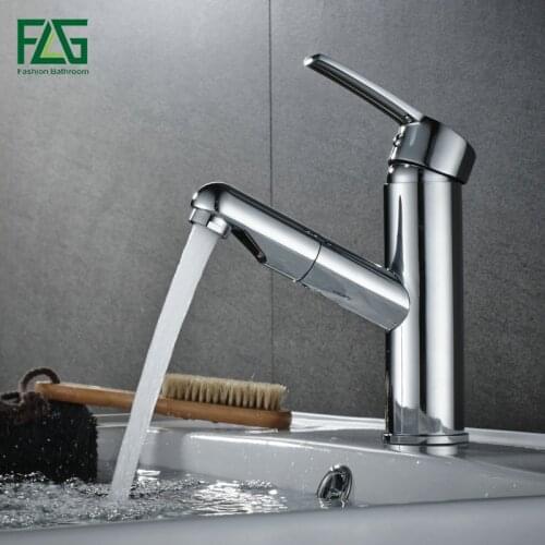 FLG Luxury Bath Pull Out faucet Solid Brass Bathroom faucets Deck Mounted Washroom Taps Chrome Color Wash Basin Tap AEG508-11C