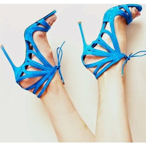Hot selling solid color multi strap crisscross high heel sandals fashion turquoise ankle wrap lace-up stiletto heel sandals