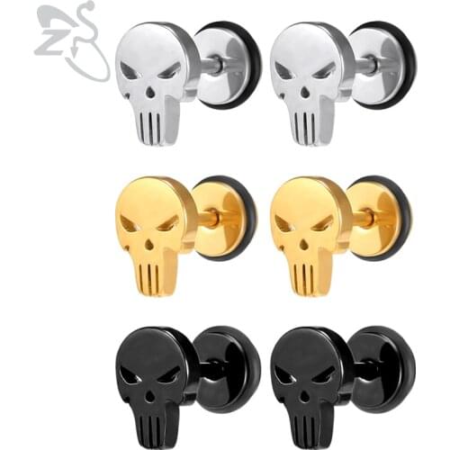 ZS 6 PCS/lot Skull Stud Earrings 316L Stainless Steel Earring for Men Women Black Gold Color Earrings Punk Rock Ear Studs