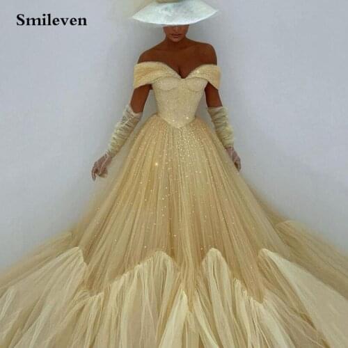 Smileven Yellow Shiny Prom Dress Ball Gowns Pearls Tulle Arabic Evening Gown Off The Shoulder Long Party Dress 2021