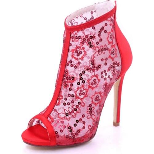 Creativesugar See through mesh sequins open toe woman boot pumps sandals high heels bling party sexy shoes red black white ivory
