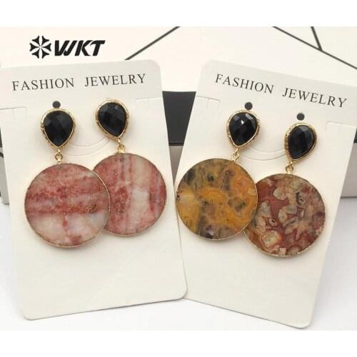 WT-E562 Natural Slice Stone Earrings Natural Multi Color Round Shape With Black Gem stone Gold Electroplated Fashion Earring
