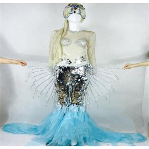 WYY Ballroom dance Mermaid costumes sexy singer stage show wears dresses silver clothes catwalk performance club party suit dj