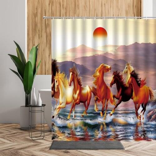 Chinese Landscape Shower Curtain Set Running Horses Waterproof Bathroom Bath Decor Wall Backdrop Fabric Home Polyester Curtains