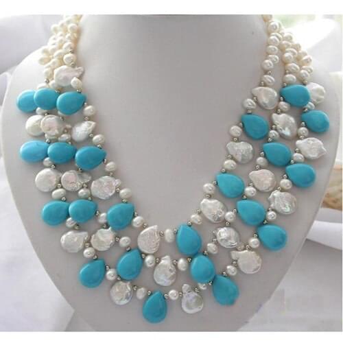 Perfect Wedding Birthday Pearl Jewellery,Fashion Women Party Gift,3Rows White Rice,Coin Pearls Drip Turquoises Necklace