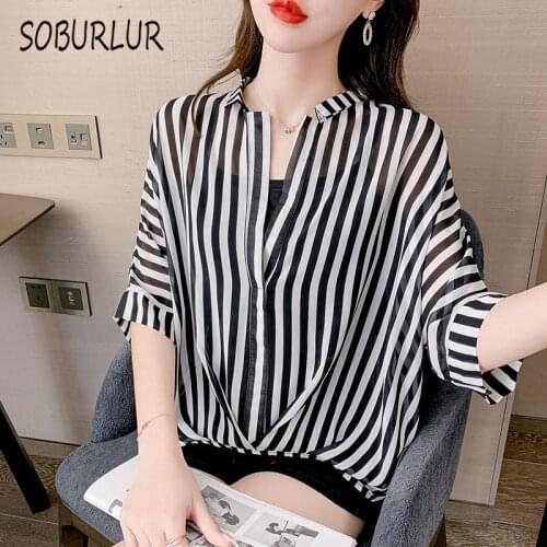 SOBURLUR Summer New White Shirts Casual Loose Womens Blouses Crop Top Woman Clothing Blousas Stripe Tunics BF Korean Style Tops