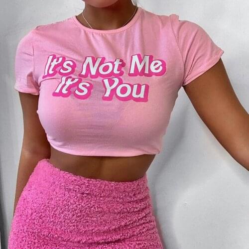 Womens Summer Y2k Aesthetic Crop Tops Funny Letter Print Short Sleeve Round Neck Slim Fit T-Shirts E Girl Streetwear Swimwear