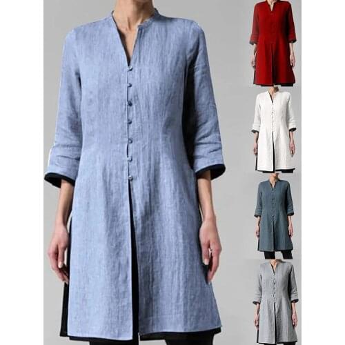 Women Vintage 3/4 Sleeve Single-breasted Irregular Hem Tunic Top Long Shirt