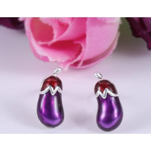925Silver Personality Eggplant Hypoallergenic Enamel Earrings Funny Womens Creative Fashion Vegetable and Fruit Jewelry Gifts