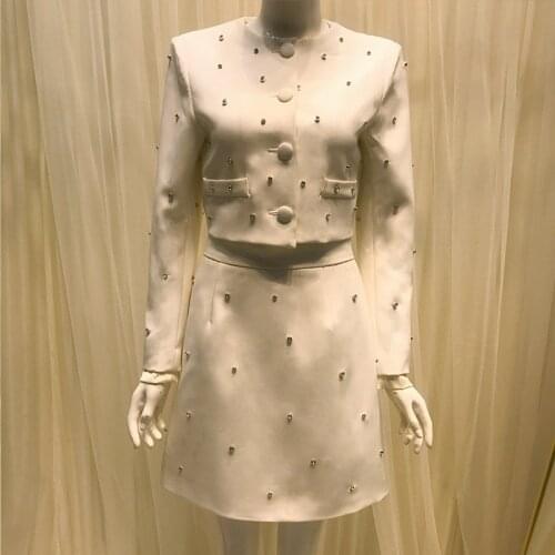 2 Pieces Set Women Outfits White Black Crop Tops Mini A-Line Skirt Diamonds O-Neck Fashion Vintage Elegant Office Lady Clothes