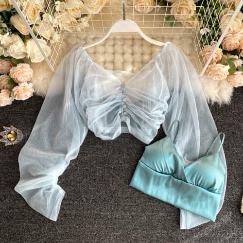 2021 Spring short design buckle see-through mesh sunscreen tops and spaghetti tops 2pcs set for women front buttons set