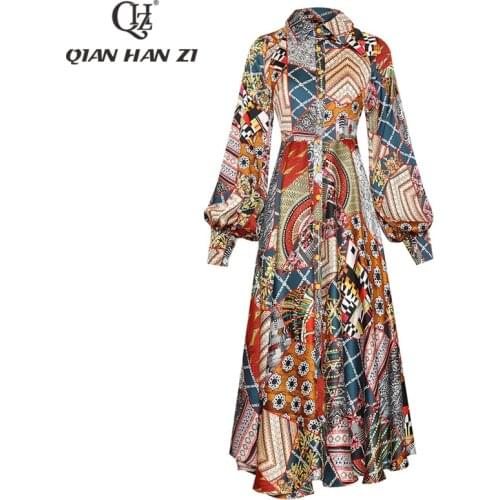 Qian Han Zi summer fashion runway maxi dress Womens Lantern Sleeve Single-breasted vintag Print Slim 2020 Indie Folk Long Dress