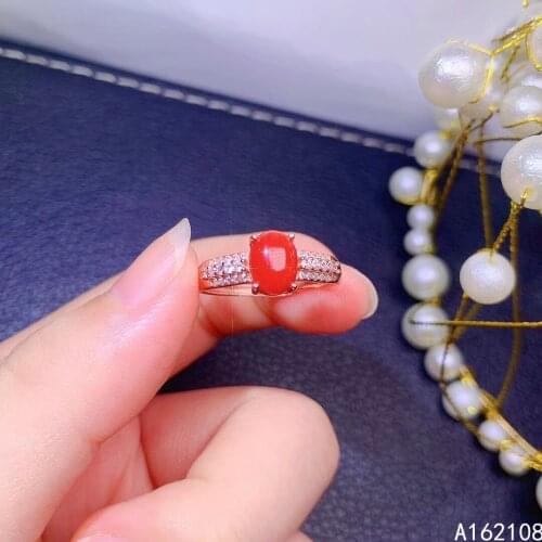 Exquisite Jewelry 925 Sterling Silver Inset With Natural Gem Womens Luxury Vintage Oval Red Coral Adjustable Ring Support Detec