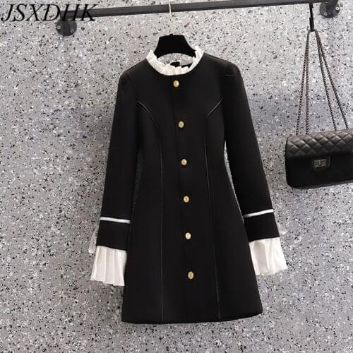 JSXDHK S-4XL Plus Size Autumn Women Dress Elegant Ruffled Collar Bow Flare Sleeve Patchwork Single Breasted Female Black Dresses